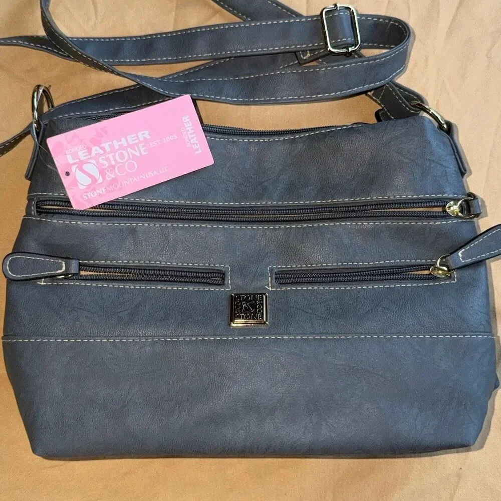 Stone Mountain Crunch Leather Irene Hobo Purse Grey NWT